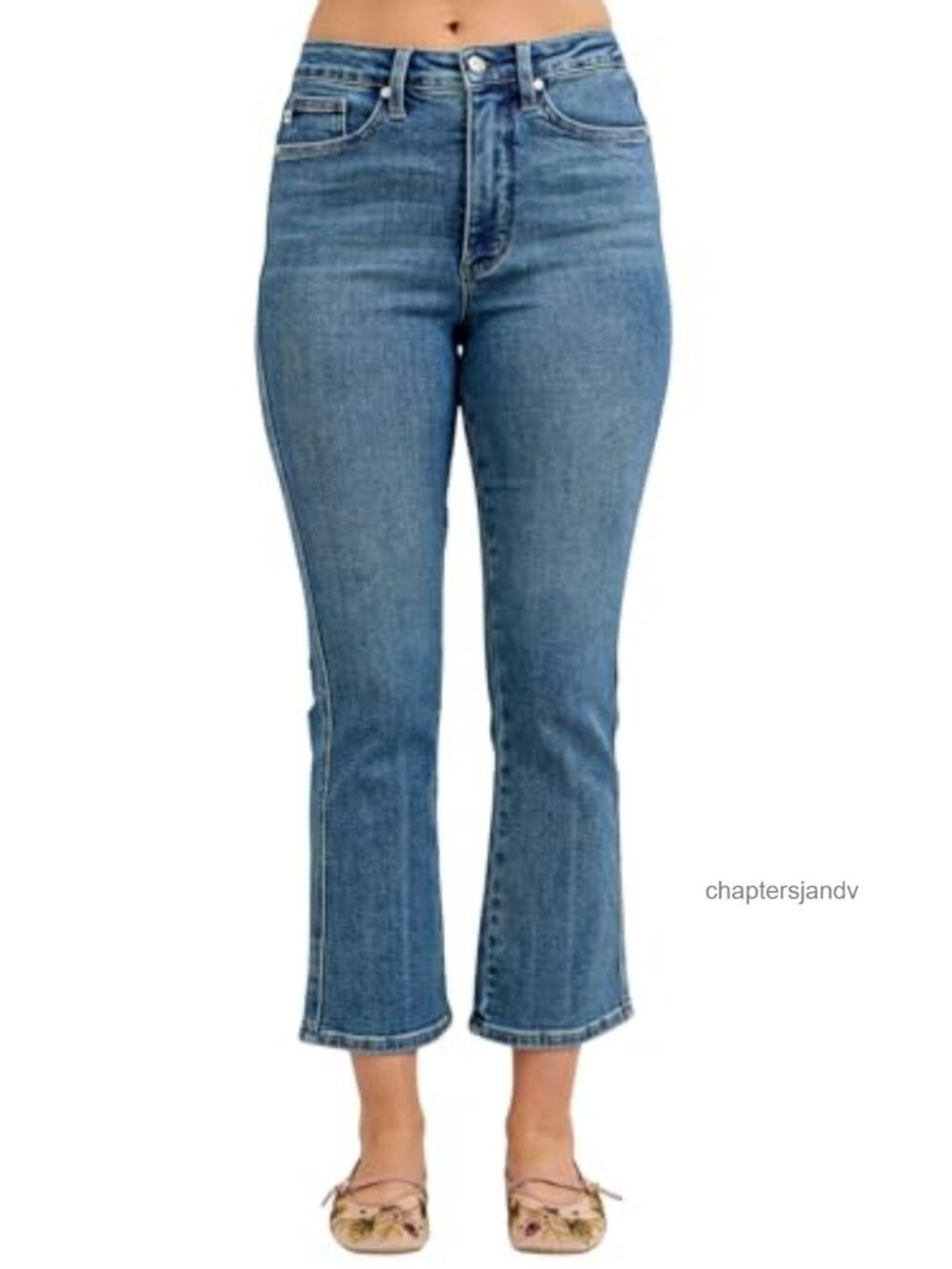 High Rise Kick Flare Crop Jeans Stretch Denim